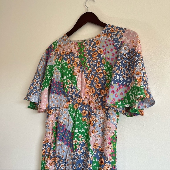 Topshop Austin Floral Print Multicolored Angle Sleeve Open Back Dress Size 4 - Picture 4 of 14